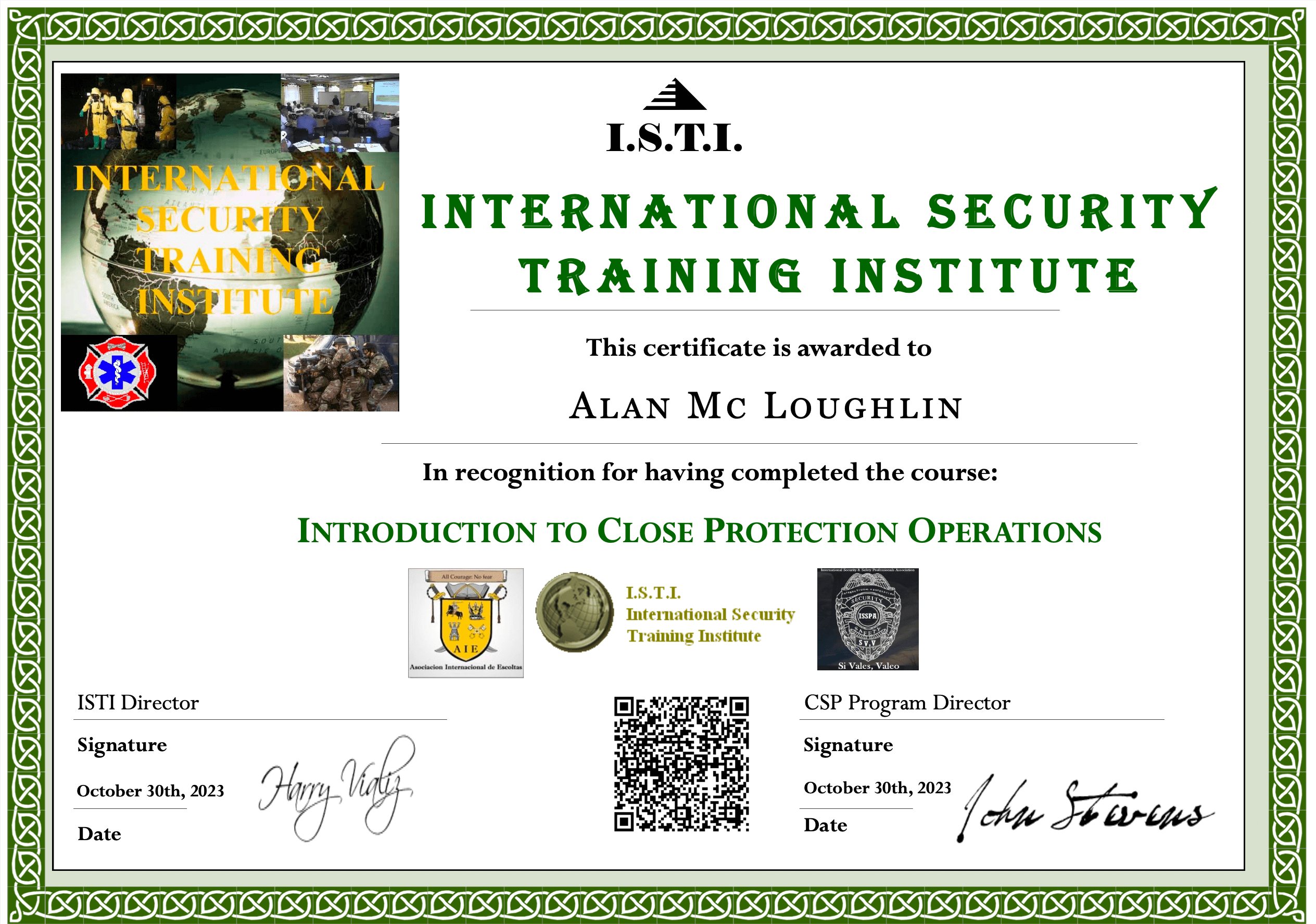 ISTI Introduction to Close Protection Operations certificate for Alan McLoughlin