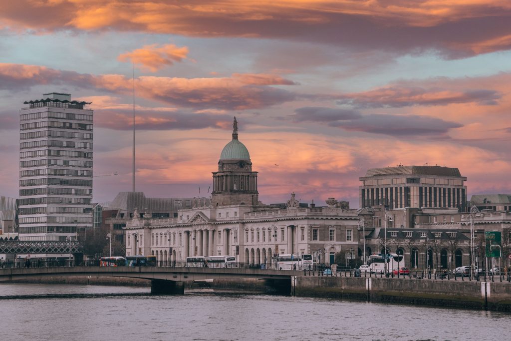 The Custom House on the River Liffey in Dublin city centre at sunset