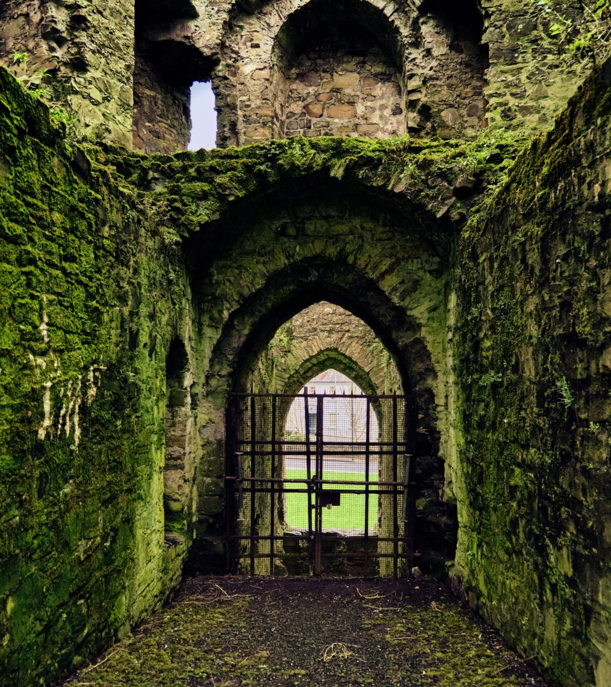 Moss covered stone archways inside the medieval gatehouse of Trim Castle, Co. Meath